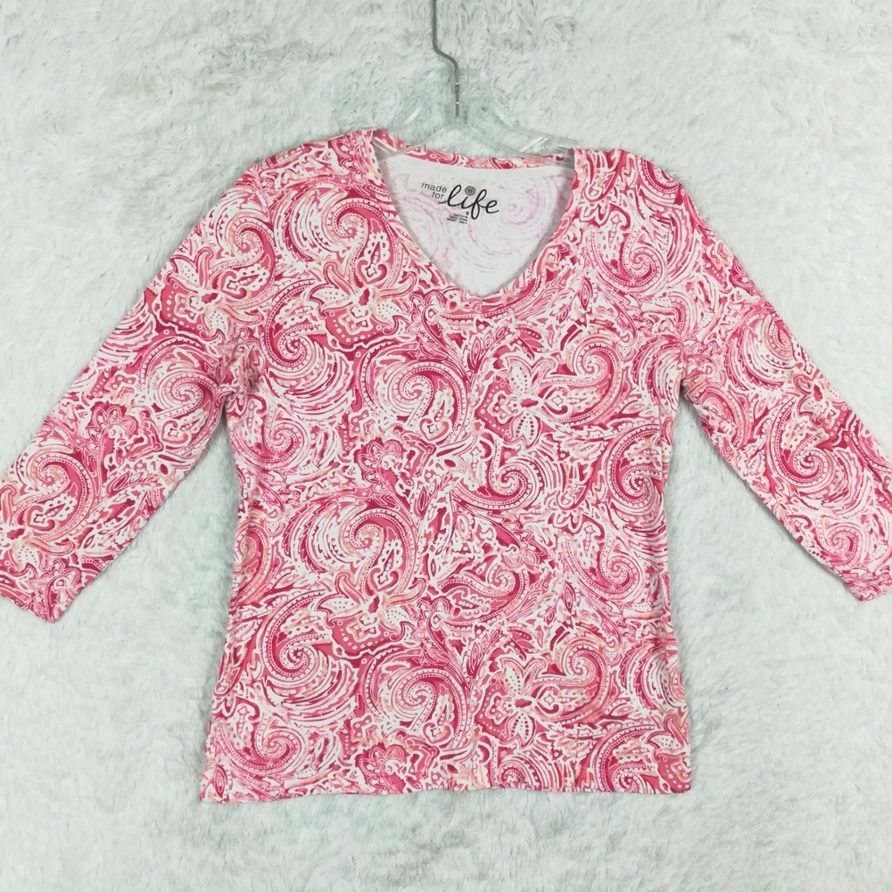 Made For Life Womens Top 3/4 Sleeve Pink Floral Print Abstract V Neck S‎